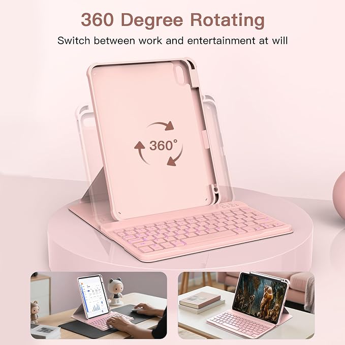 for iPad 11th(A16, 2025)/10th Generation Case with Keyboard, 360° Rotatable Case & Detachable Backlit Keyboard, Precision Cutouts and Pen Holder for iPad A16 11''/10th 10.9'', Light Pink