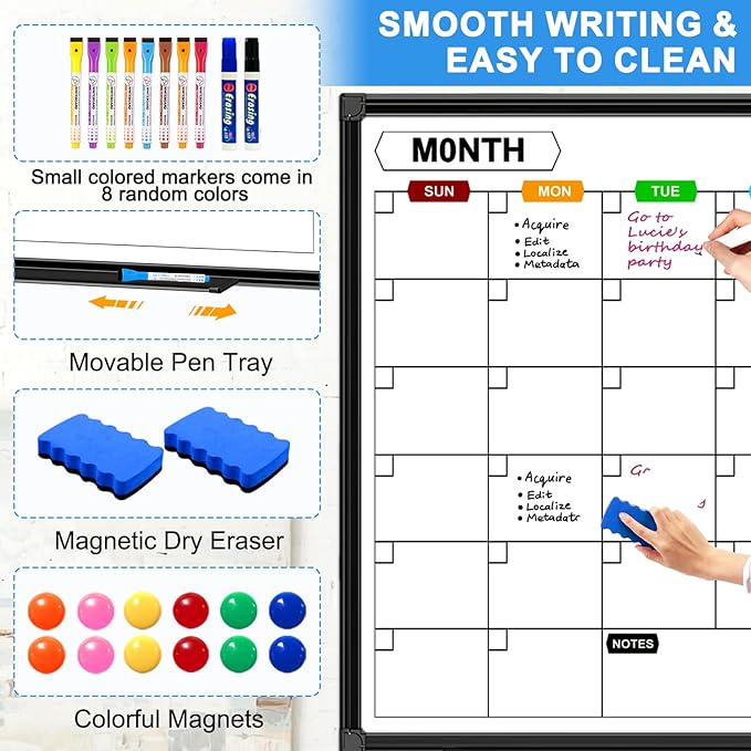 Large Dry Erase Calendar for Wall 72" x 40", Monthly Calendar Whiteboard with Black Aluminum Frame for Home School and Office Organization