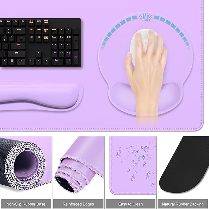 Dapesuom Large Gaming Mouse Pad, Mouse Pads with Wrist Rest Wrist Support, 4in1 Big XXL Desk Mat Desk Pad + Ergonomic Mousepad + Memory Foam Keyboard Mat Wrist Rest + Coaster Set for Computer, Purple