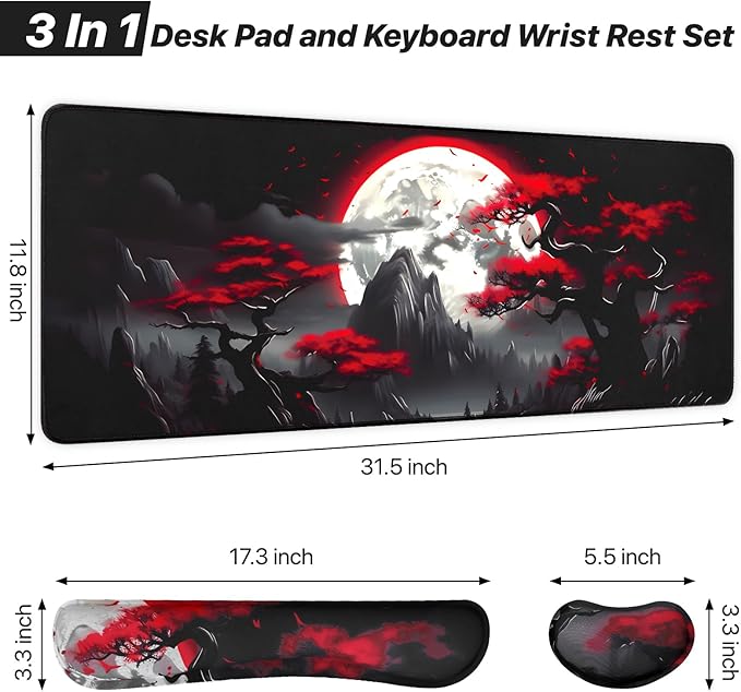 3-in-1 Large Gaming Mouse Pad Set, Anime Mouse Pad & Keyboard Wrist Rest, Memory Foam Ergonomic, Mountain Moon Scenery XL Desk Mat Set Suitable for Home Office,31.5 X 11.8 Inch