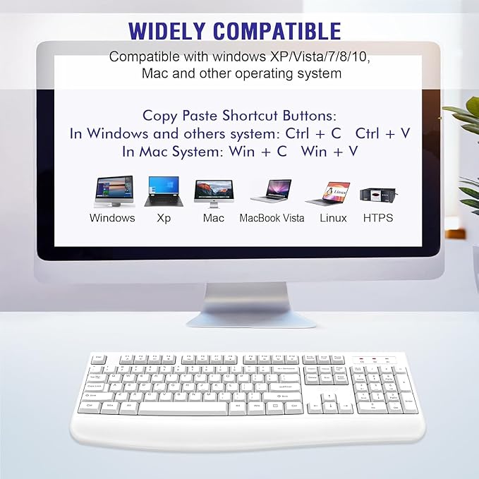 Wireless Keyboard, 2.4G Full-Sized Ergonomic Wireless Computer Keyboard with Wrist Rest for Windows, Mac OS Laptop/PC/Desktop/Notebook(Off White)