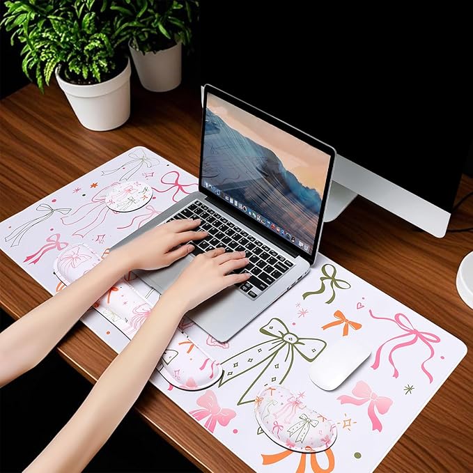 MEGREZ 4-in-1 Ergonomic Memory Foam Wrist Rest Set, Desk Pad, Mouse Pad with Wrist Rest, Keyboard Pad, Suitable for Office Workers, Programmers & Gamers–Relieve Typing & Gaming Fatigue, Bow