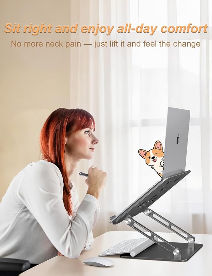 Aoviho Laptop Stand for Desk-Adjustable, Foldable, Portable, Ergonomic Aluminum Notebook Riser with Unique Puppy Cooling Vent, Desk Gift for 10-17.3" Devices Mac, Dell, HP, Lenovo, Samsung, Gray