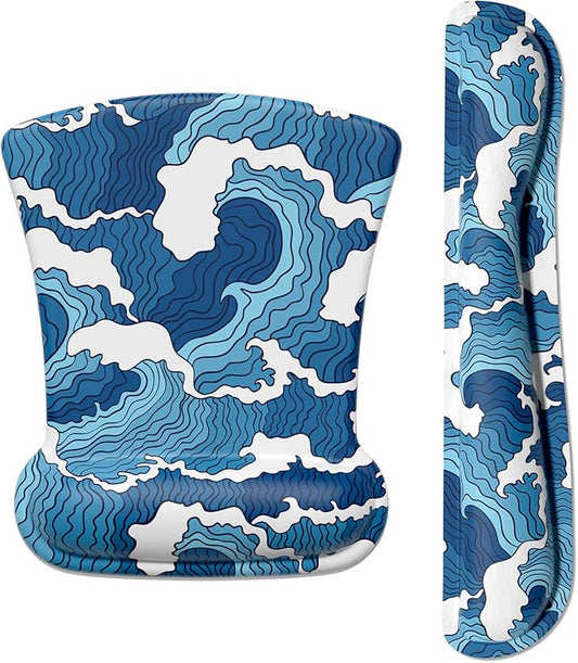 ITNRSIIET Mouse Pad Wrist Support Keyboard Wrist Rest Pad Ergonomic Mousepad Non-Slip Memory Foam Keyboard Pad Easy Typing Pain Relief Perfect for PC Laptop Gaming Office,Japanese Style Waves
