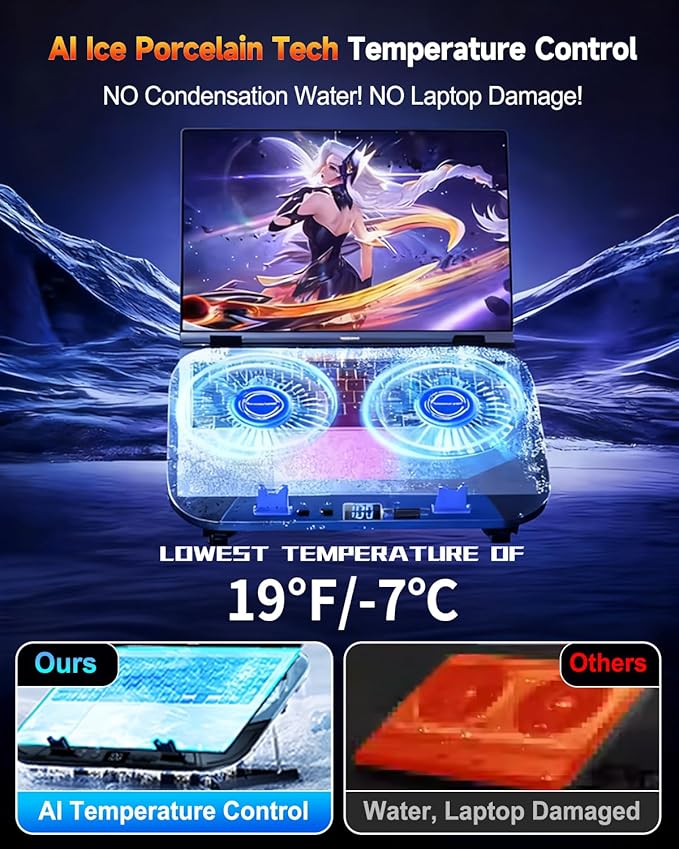 Upgraded Laptop Cooling Pad with Dual TEC Cooler, Gaming Laptop Cooler, 2 Powerful Turbo Fans, Fast Cooling Laptop 12-21in, 5 Height Stands, 100 Gear Speed Adjust, LCD Screen, RGB, Phone Holder