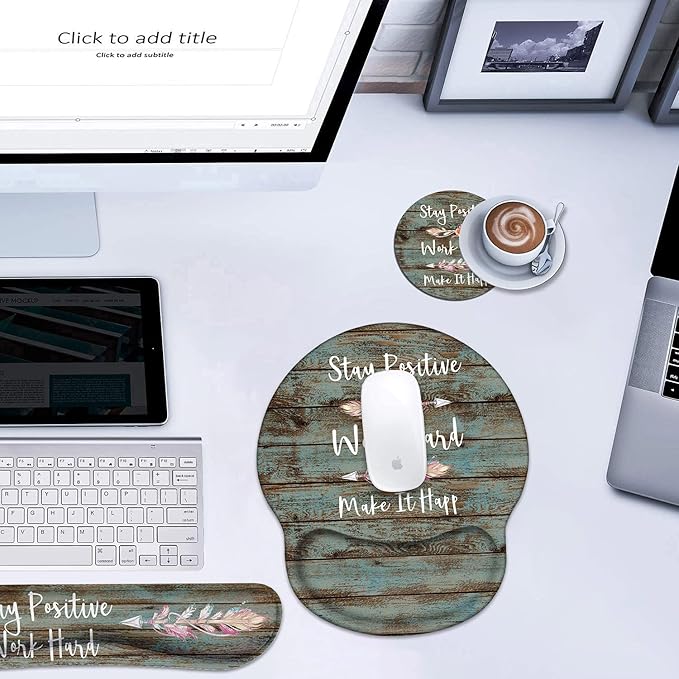 Keyboard Wrist Rest and Mouse Pad Wrist Rest Support Set with Coasters, Stay Positive Work Hard and Make It Happen Inspirational Quote Non-Slip PU Base, Perfect for Home Office Working Studying