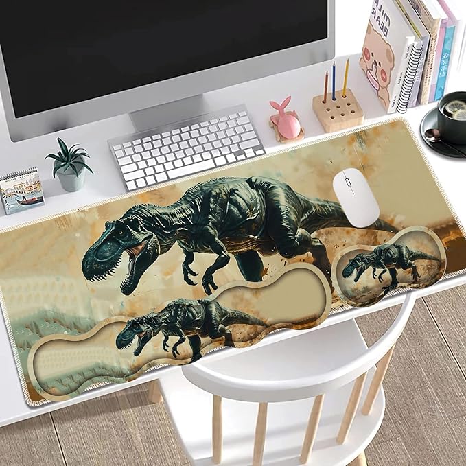 Large Gaming Mouse Pad + Keyboard Wrist Rest + Wrist Support + Coaster Set, Memory Foam Ergonomic for Easy Typing, XXL Extended Gaming Mouse Pad Table Pad - T-Rex