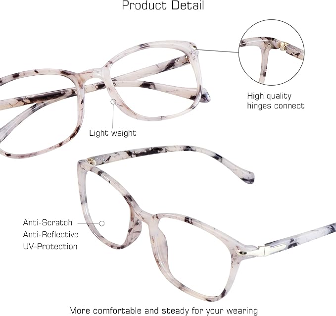 VisionGlobal Blue Light Blocking Glasses for Women, Anti Eyestrain, Computer Reading, TV Glasses, Stylish Square Frame, Anti Glare(Marble,No Magnification)