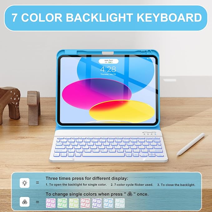 Soke for iPad (A16) 11th/10th Generation Case with Keyboard(2025/2022)-7 Color Backlight Wireless Detachable Folio Keyboard Cover with Built-in Pencil Holder for iPad 11/10.9 inch, Blue Marble