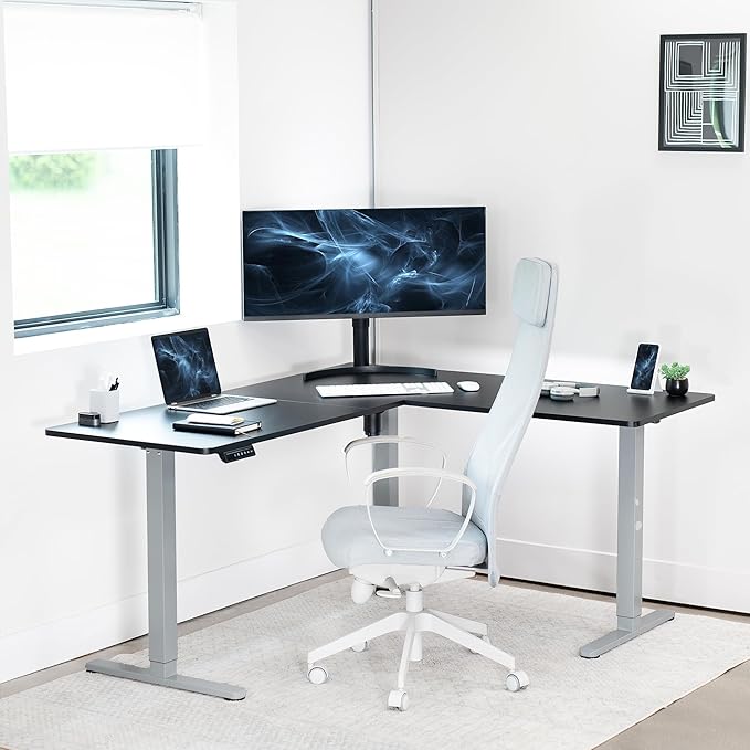 VIVO Corner Standing Desk, 63 x 55 inch Reversible L-Shaped Workstation, Electric Height Adjustment, Home, Office, and Reception Rooms, Black Table Top Gray Frame, DESK-E3CTGB