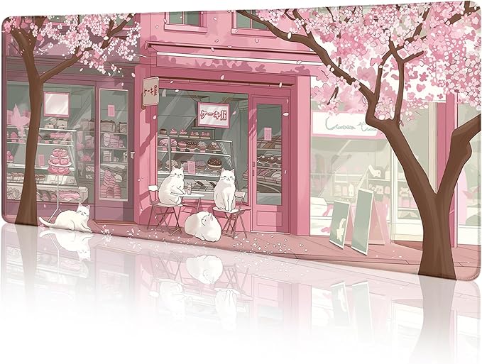Cat Mouse Pad Large Desk Mat, Pink Cherry Blossom Computer Mousepad with Stitched Edges Non-Slip, Keyboard Mouse Pad for Desktop Cute Office Desk Accessories Japanese Dessert House 31.5in
