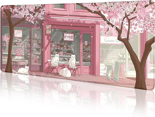 Cat Mouse Pad Large Desk Mat, Pink Cherry Blossom Computer Mousepad with Stitched Edges Non-Slip, Keyboard Mouse Pad for Desktop Cute Office Desk Accessories Japanese Dessert House 31.5in