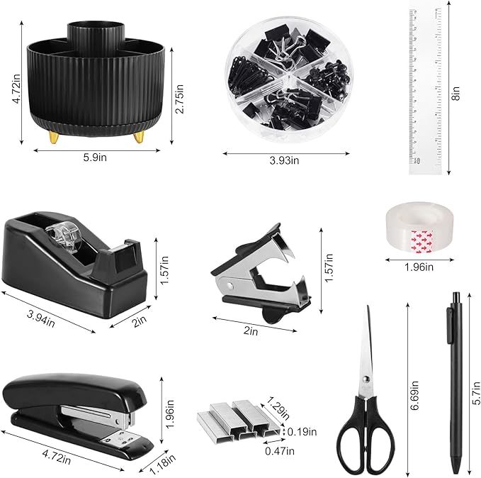 Desk Organizers and Accessories Set with 360-Degree Rotating Pen Holder, Tape Dispenser, Stapler, Staple Remover, 1000 Staples, Tape, Clips Set, Ruler, Scissor, Pen
