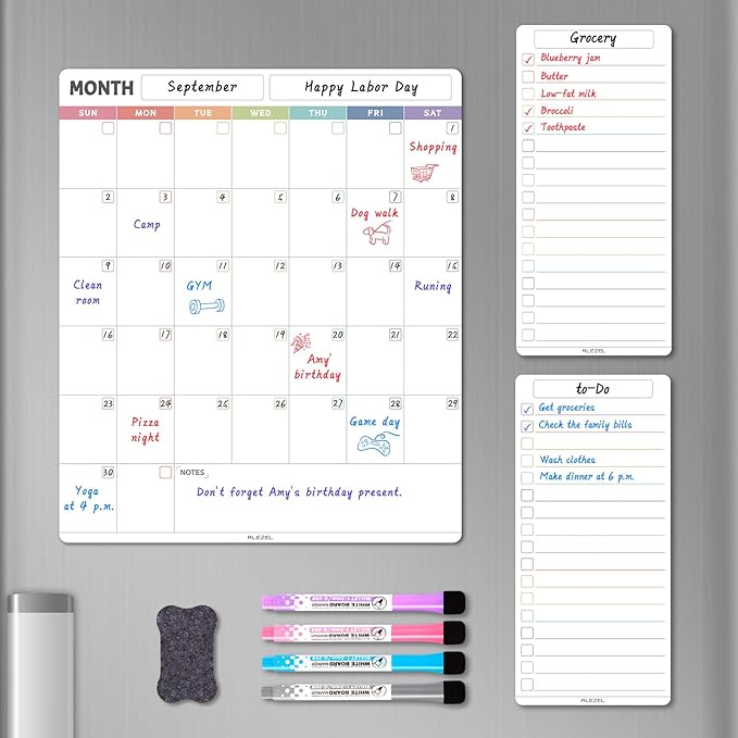 Magnetic Dry Erase Refrigerator Calendar, Vertical Monthly Planner Whiteboard for Fridge, Includes Fridge Calendar & 2 List White Boards, 4 Markers + Eraser