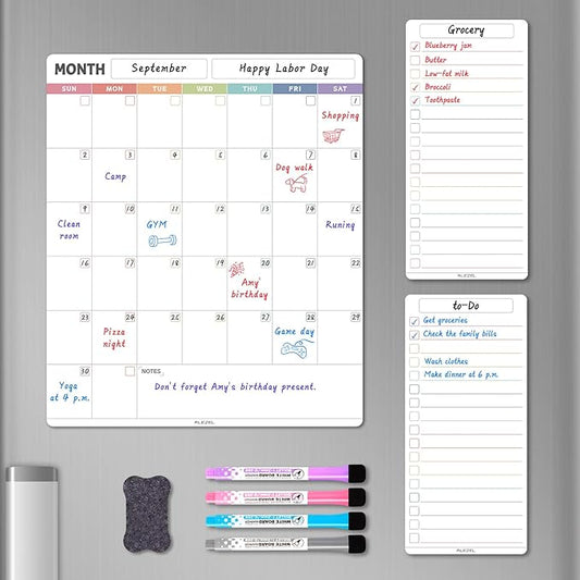 Magnetic Dry Erase Refrigerator Calendar, Vertical Monthly Planner Whiteboard for Fridge, Includes Fridge Calendar & 2 List White Boards, 4 Markers + Eraser
