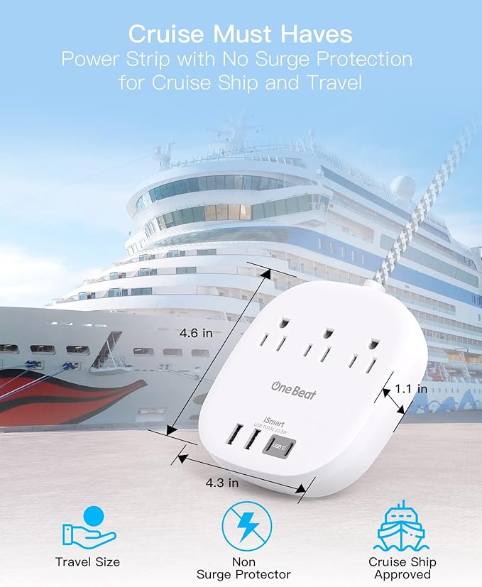 Flat Plug Power Strip, Flat Extension Cord 3 Ft - 3 Outlets 4 USB Ports (2 USB C) 22.5W/4.5A Desktop Charging Station, Power Strip No Surge Protection for Cruise Ship, Dorm Room Travel Essentials