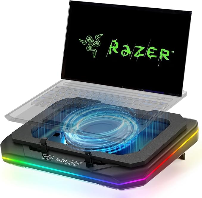 Cooling Pad for Razer Blade 15”Advanced Gaming Laptop Cooler with Powerful Turbo Cooling Fan Can Fast Cooling CPU+GPU 40°C, Variable Speed,6 RGB Light Mode,Touch Control, LCD Screen, 3 USB-A Port