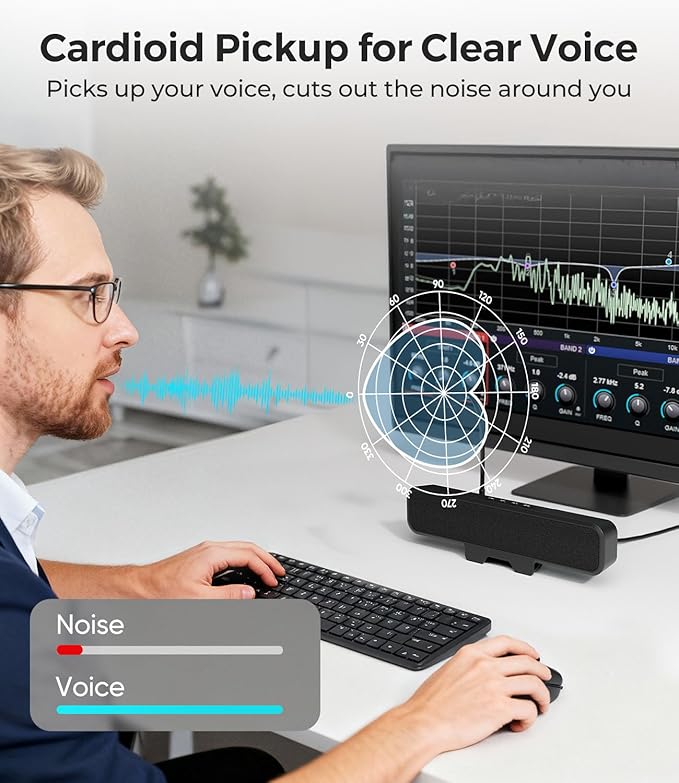 USB Computer Speakers with Detachable Microphone, Plug and Play Desktop Speaker with Monitor Clip, Stereo Sound & Bass, Suitable for PC, PS5, Switch 2 and Laptop