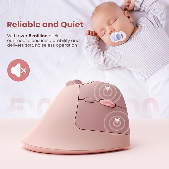 seenda Ergonomic Mouse Wireless, MOU-302 Bluetooth Vertical Mouse Rechargeable, Optical Mice with 1000/1600/2400 DPI, Volume Knob, 3 Multi-Device Connectivity for Computer/PC/Laptop/Mac, Pink
