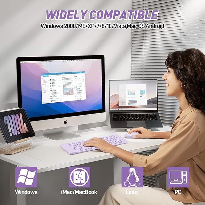 Foldable Mini Rechargeable Bluetooth Keyboard and Mouse Combo, 2.4G Wireless and Bluetooth,(Sync Up to 3 Devices), Ultra-Slim Travel Folding Keyboard for iPhone iPad Mac Android Windows iOS(Purple)