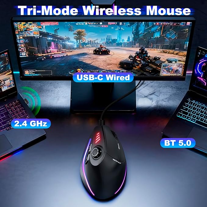 TRELC Wireless Gaming Mouse with 5 D Rocker, 24000 DPI/11 Programmable Buttons, Ergonomic Mouse for 2 Devices Connection (BT+2.4GHz), Vertical Rechargeable Mice for PC/Laptop/E-Sports/Gamer (Black)