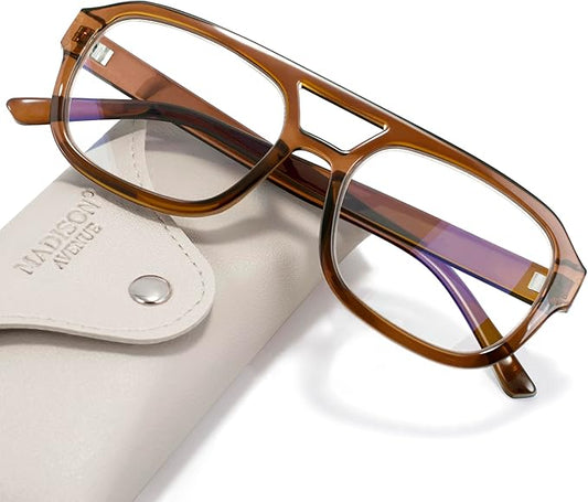 Madison Avenue Retro Aviator Blue Light Blocking Glasses for Women Men with Case, Trendy Rectangle Computer Eyeglasses