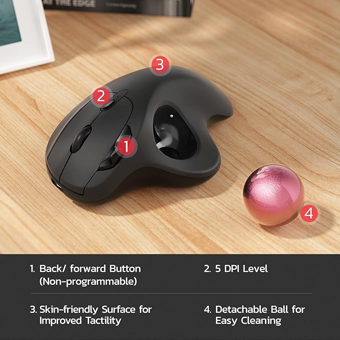 Nulea M501 Wireless Trackball Mouse, Rechargeable Ergonomic, Thumb-Controlled, Smooth Precision, 3-Device Connect (Bluetooth/USB), Fits PC, Laptop, Mac, Windows（Dusty Pink）