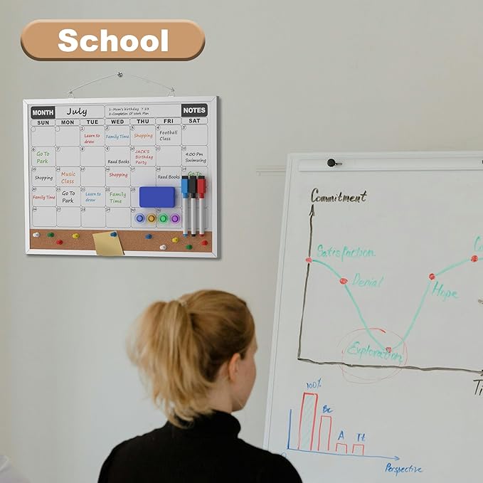 Monthly Calendar Dry Erase Board 16x12 Inch, Double-Sided Whiteboard and Corkboard Combo, Wall Mounted Planner Organizer with Markers, Magnets, Push Pins, Eraser, for Home Office School