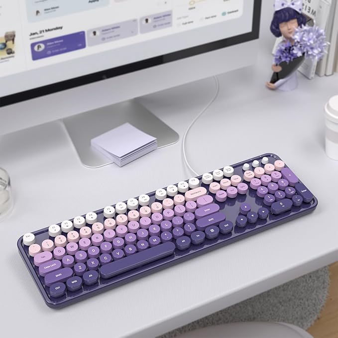 KNOWSQT Wired Computer Keyboard - Purple-Gradient Colorful Retro Full Size Round Keycaps Plug and Play Typewriter Cute Keyboards for Windows, Laptop, PC, Desktop, Computer