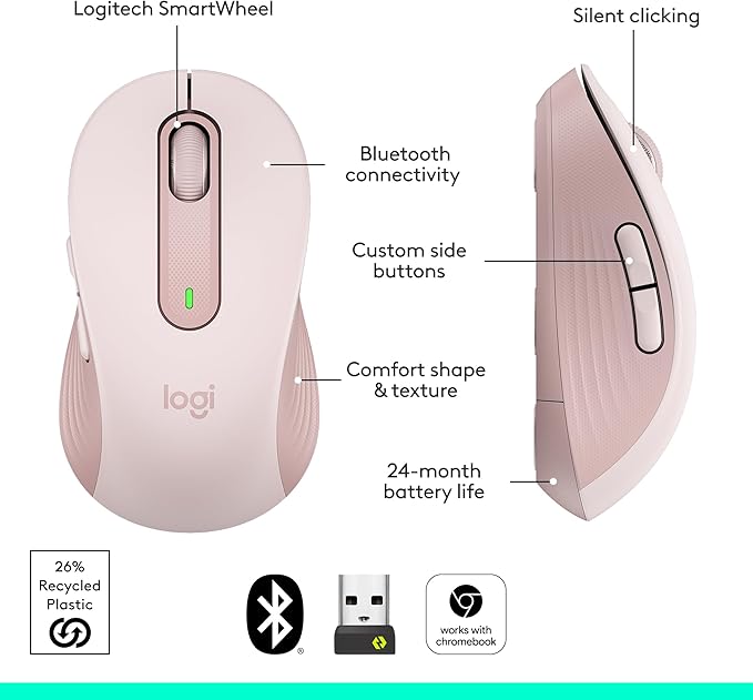 Logitech Signature M650 Wireless Mouse - for Small to Medium Sized Hands, 2-Year Battery, Silent Clicks, Customizable Side Buttons, Bluetooth, for PC/Mac/Multi-Device/Chromebook - Rose