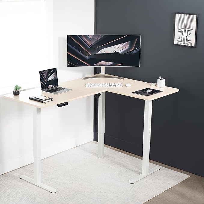 VIVO Corner Standing Desk, 63 x 47 inch Reversible L-Shaped Workstation, Electric Height Adjustment, Home, Office, and Reception Rooms, Light Wood Table Top White Frame, DESK-E3CTWC-47