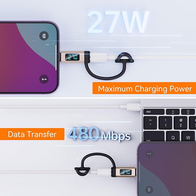 pzoz USB C to Lightning Adapter with LED Display, 27W Type C PD Fast Charging Lighting Adaptor for Phone 14/13/12/11/XS/XR/SE/AirPods, Fits MacBook Charger Cable, Support Data Transfer (2 Pack)