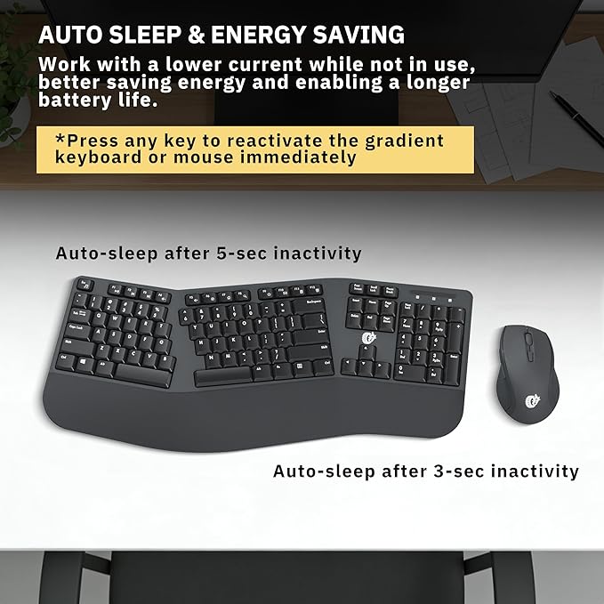 Ergonomic Wireless Keyboard and Mouse Combo, 2.4GHz USB Full Size Keyboard with Wrist Rest and 3 Level DPI Adjustable Wireless Mouse for PC and Laptop Use - Black