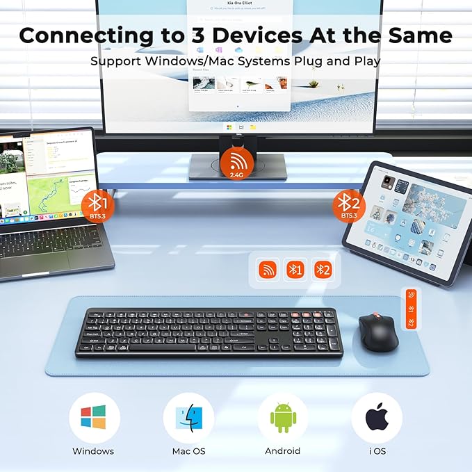Bluetooth Keyboard and Mouse, 2.4G + Dual Bluetooth Multi Device, Full Size Silent Ergonomic Keyboard with 4 Level DPI Adjustable Wireless Mouse for Windows, Mac OS Desktop/Laptop/PC