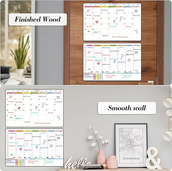 POPRUN 2 Pack Dry Erase Calendar 16.5" × 11", Weekly & Monthly Self Adhesive Planning Board with Time Slots for Wall Glass Wood, Home Office Organizer