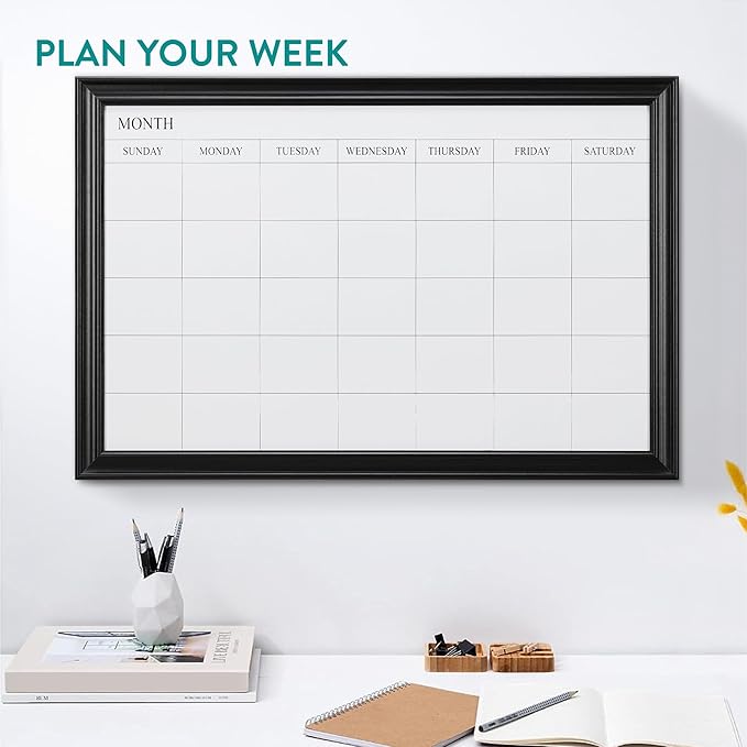 Navaris Framed Calendar Whiteboard for Wall - 29.5" x 19.7" Magnetic Dry Erase Monthly Planner - White Board with Frame - Includes Magnets and Marker