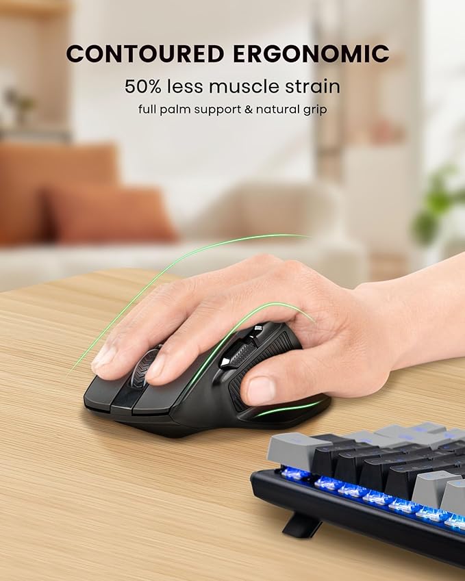 XUANGUI Wireless Ergonomic Mouse Comfortable Bluetooth Cordless Mice, Max 4800 DPI Ergo Witeless Optical Mose with Side Buttons and USB Dongle, Blue Tooth / 2.4G for Computer Laptop Macbook Chromebook