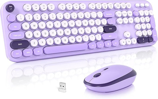 MOFII Wireless Keyboard and Mouse Combo, Cute Keyboard Full Size and Wireless Mouse, 2.4GHz Retro Typewriter Keyboard and Mouse Set for PC/Desktop/Laptop/Windows (Violet)