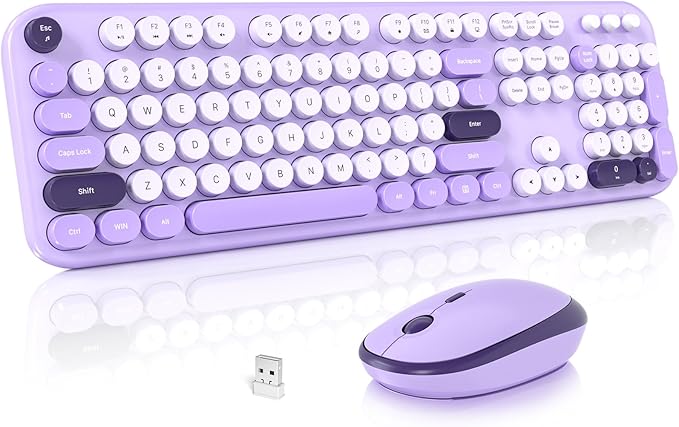 Wireless Keyboard and Mouse Set, SQMD Typewriter Full Size Keyboard with Number Pad, 2.4G USB Cute Typewriter Keyboard and Mouse Combo, for Windows 7/8/10, Laptop, Desktop, PC - Pueple Colorful