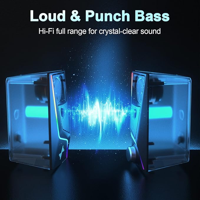Nylavee Computer Speakers, PC Speakers with 6 Lighting Modes, USB Powered Computer Speakers for Desktop PC with 2 Bass-Boost Ports, 2 Speaker Units, and 3.5mm Aux-in for PC, Laptop, Monitor, Gaming