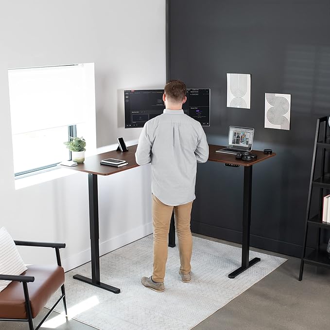 VIVO Corner Standing Desk, 63 x 55 inch Reversible L-Shaped Workstation, Electric Height Adjustment, Home, Office, and Reception Rooms, Dark Walnut Table Top Black Frame, DESK-E3CTD