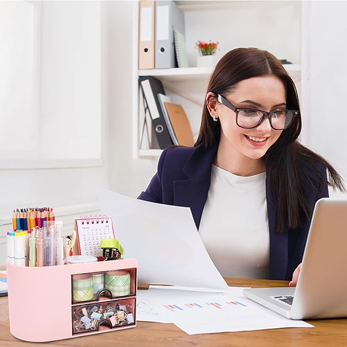 Desk Organizer with Drawer, Pen Organizer for Desk, Small Pencil Holder, Desk Organizers and Accessories for Office Home Storage (2 Drawers+4 Compartments, Pink)