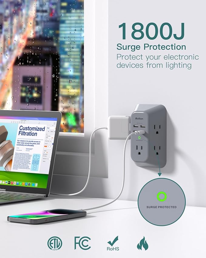 Addtam Surge Protector Outlet Extender, Multi Plug Wall Outlet with 4 USB Ports(1 USB-C), 3-Sided 1800J Power Strip Plug Extension Outlet Splitter, Gray