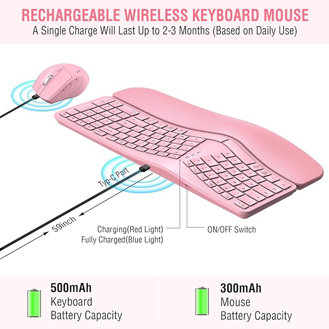 MK960 Ergonomic Wireless Keyboard Mouse Combo, Bluetooth/2.4G Split Design Keyboard with Palm Rest and 4 Level DPI Adjustable Wireless Mouse Multi-Device, Rechargeable, for Windows/Mac/Android(Pink)