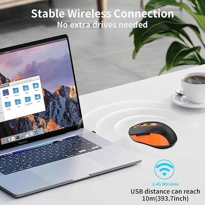 Wireless Mouse for Laptop, PC, Chromebook, Mac, MacBook, Silent Mouse with USB Nano Receiver, Side Button, 2400 DPI, Anti Slip Roller, 6 Button Ergonomics Cordless Computer Mice - Black Orange