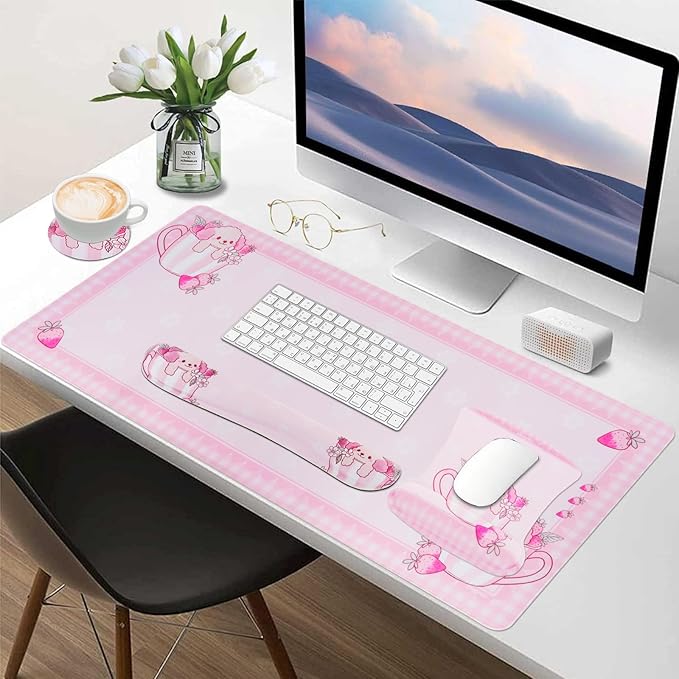 MEGREZ 4-in-1 Ergonomic Memory Foam Wrist Rest Set, Desk Pad, Mouse Pad with Wrist Rest, Keyboard Pad, Suitable for Office Workers, Programmers & Gamers–Relieve Typing & Gaming Fatigue, Pink