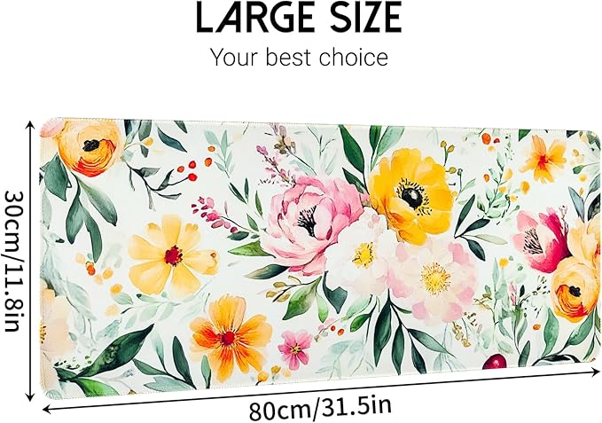 Spring Floral Desk Mat,Cute Large Mouse Pad for Desk, Flower Computer Mousepad with Non-Slip Rubber Base,Girly Keyboard Mouse Pad for Work, Game, Office, Home,31.5 x 11.8 Inch