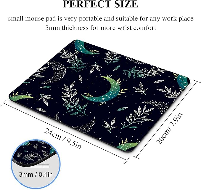 Black Moon Stars Mouse Pad Cute, Mystical Herb Square Computer Mousepads Washable Dark Boho Crescent Magic Nature Leaf Desk Mouse Pads Non-Slip Rubber Base for Gaming Office Laptop Wireless Mouse
