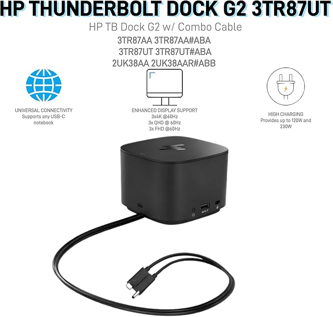 Genuine HP 2UK38AA 3TR87AA 3TR87UT 3TR87ET 2SU55AV Thunderbolt Dock 230W G2 with Combo Cable w/ 230W Power Supply 2UK38AAR#ABB 3TR87AA#ABA 3TR87UT#ABA TB Dock G2 Docking Station
