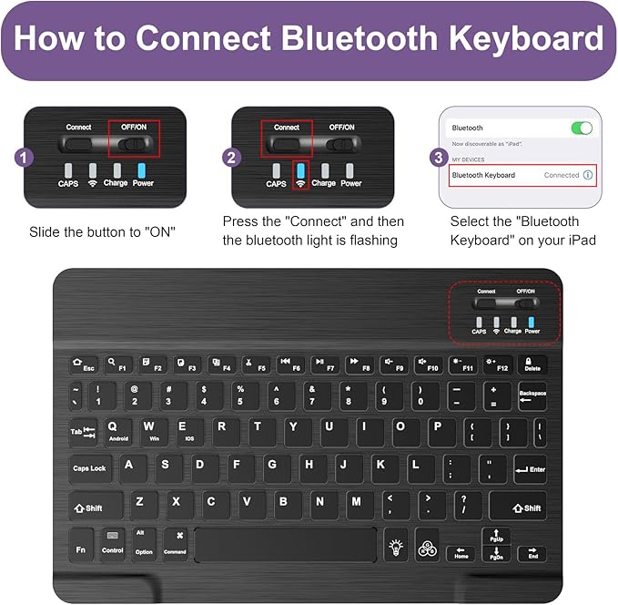 Soke for iPad (A16) 11th/10th Generation Case with Keyboard(2025/2022)-7 Color Backlight Wireless Detachable Folio Keyboard Cover with Built-in Pencil Holder for iPad 11/10.9 inch, Purple Marble